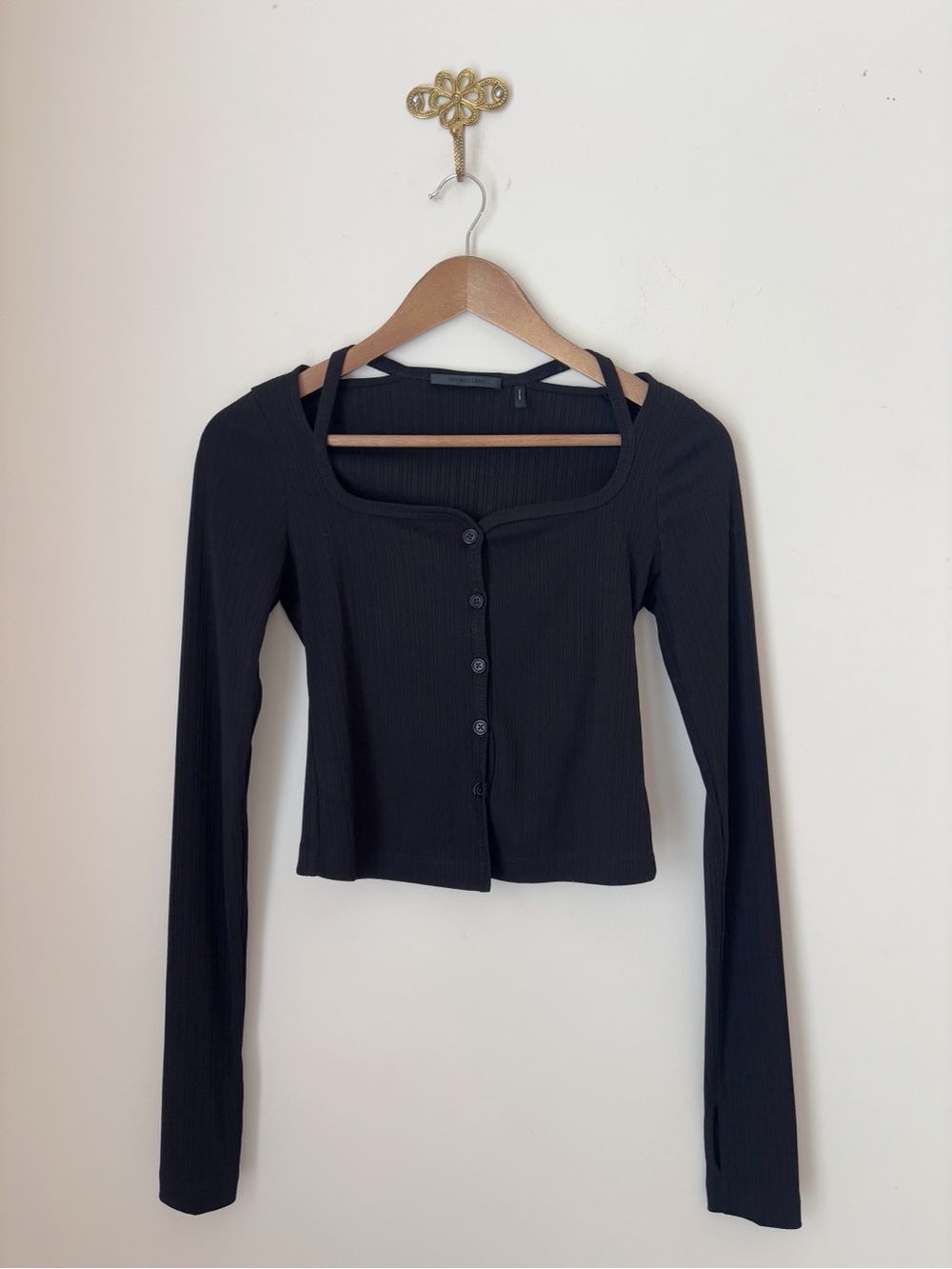 Helmut Lang Black Ribbed Square Neck Cardigan Top Small